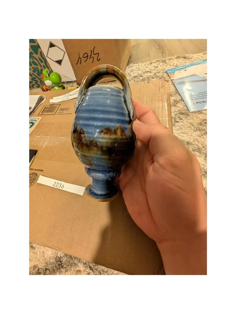 Vintage Studio Art Pottery Vase Stoneware Blue Drip Glaze Signed Artist Marked